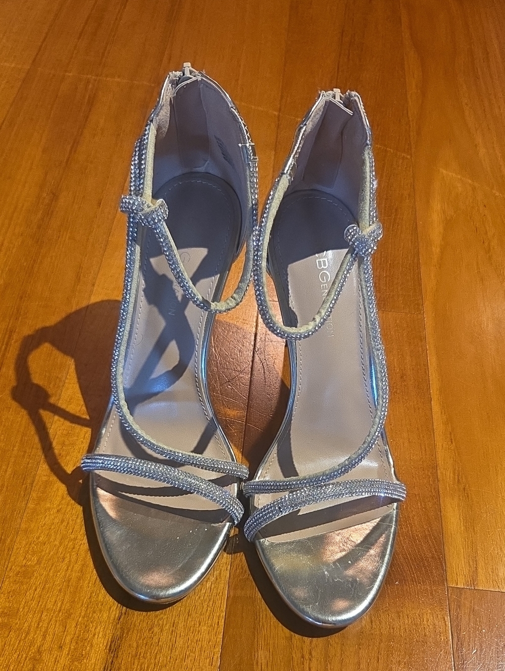 BCBGeneration Silver Strappy Rhinestone Heels